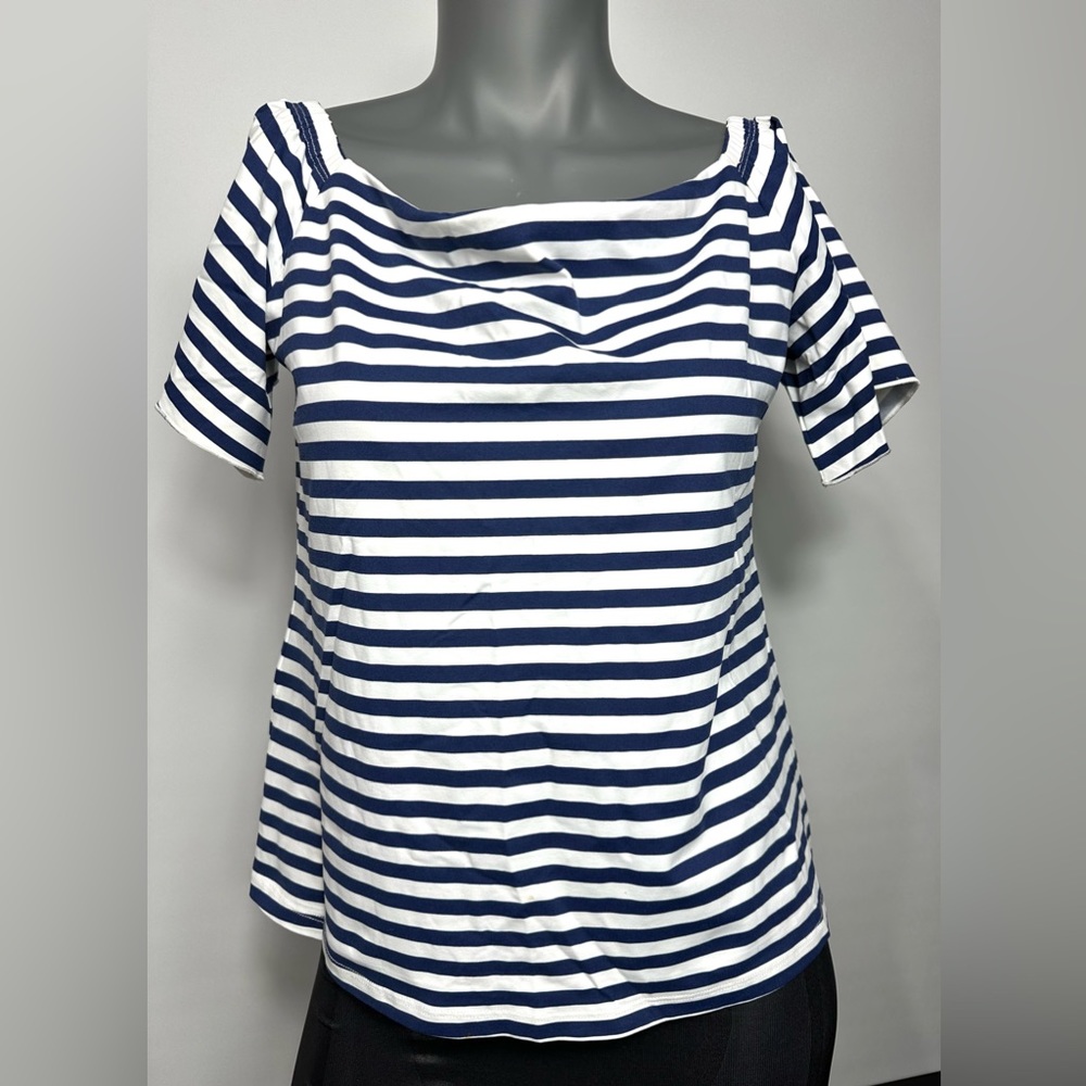 J.McLaughlin Blue Navy White Striped Scalloped Trim Square Neck size Small - Picture 5 of 13